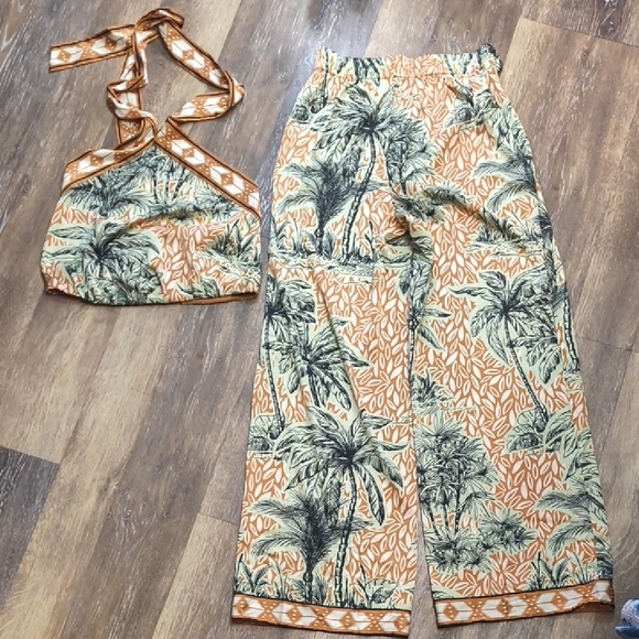 Joie Palm Print Wide Leg Jumpsuit in Orange and Green - Picture 2 of 5